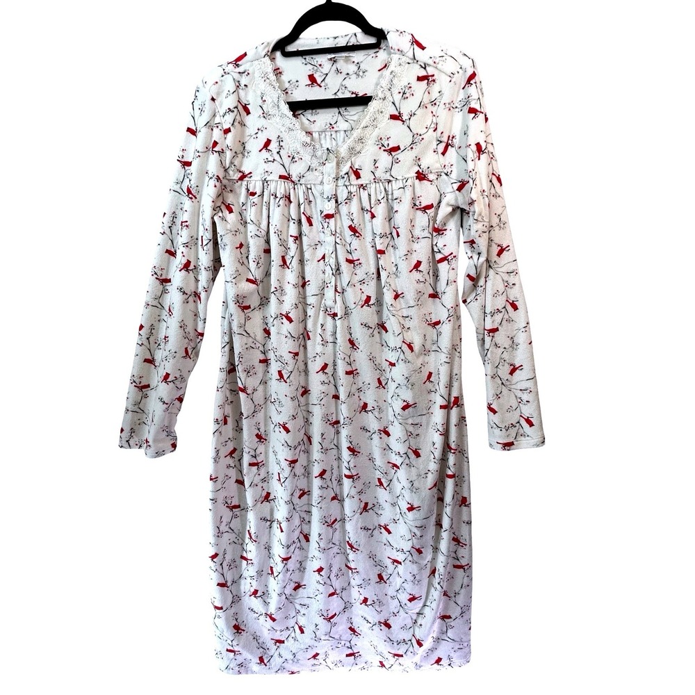 Secret Treasures Womens Cardinal‎ Bird Print Fleece Nightgown White Red Medium